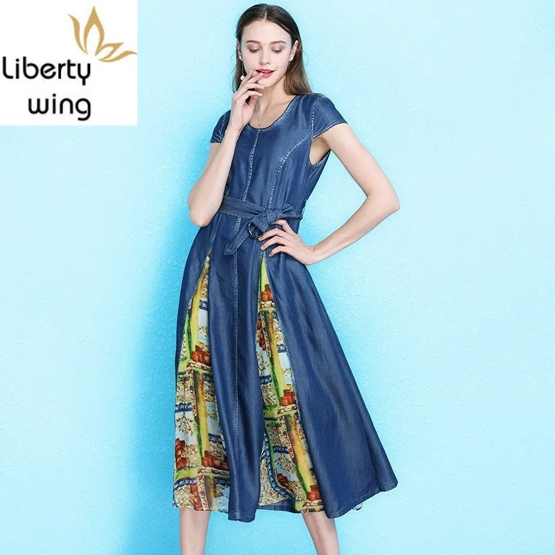 

Top Brand Womens Silk Printed Patchwork Denim High Waist Short Sleeve O-Neck Sashes Ladies Big Hem Dresses Streetwear