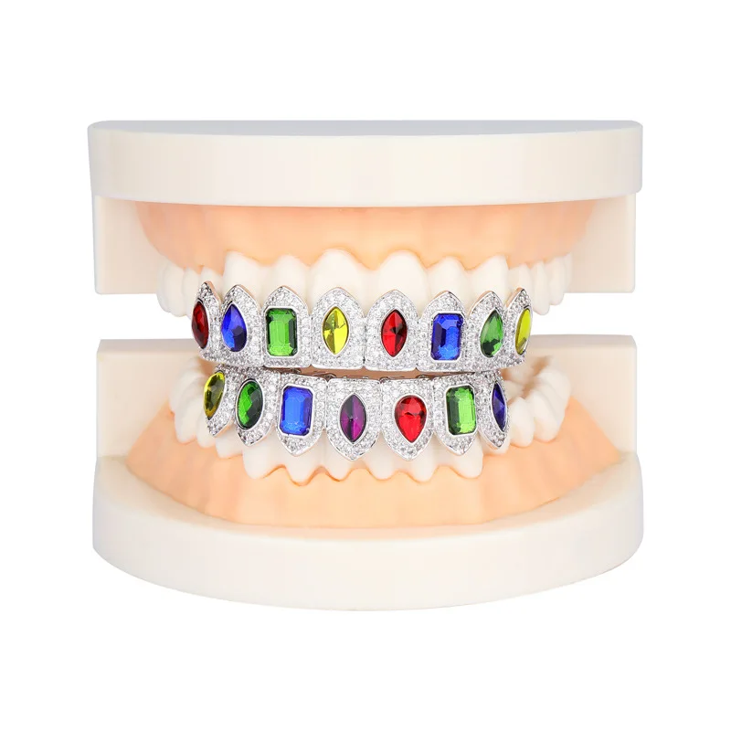 Хип хоп Grillz Панк зубы зубные многоцветные Grillz Топ и низ золотые брекеты полностью из циркония зубы Grillz брекеты вогнутые