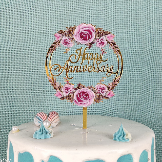 Flowers Happy Birthday Cake Topper Gold Colored Printing Acrylic Cake Topper For Kids Girls Birthday Party Cake Decorations