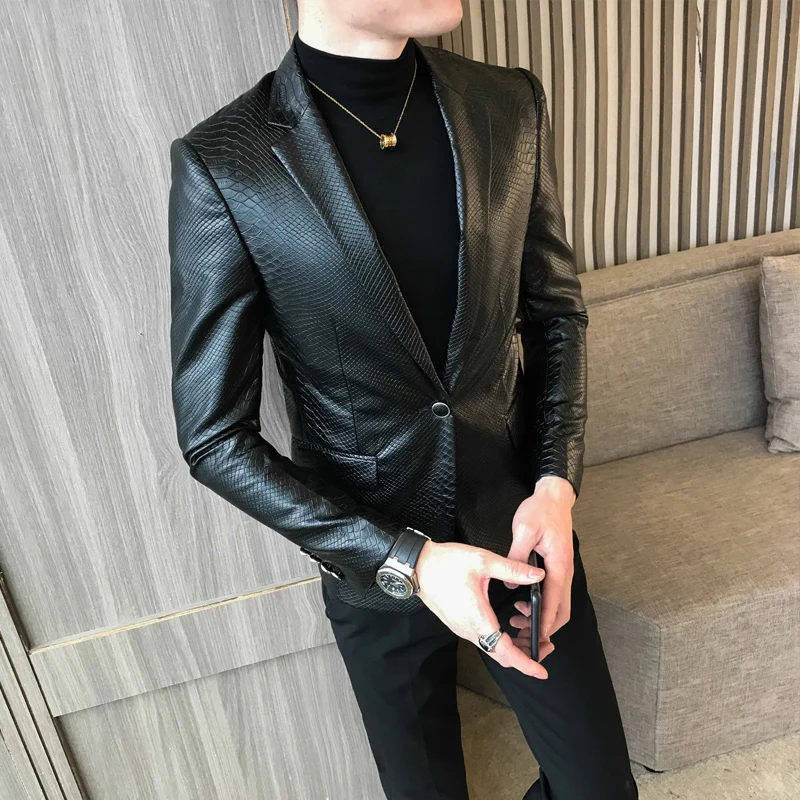 

One Button PU Slim Fit Masculino Black Mens Blazer Para Hombre Vintage Prom Blazers For Men
