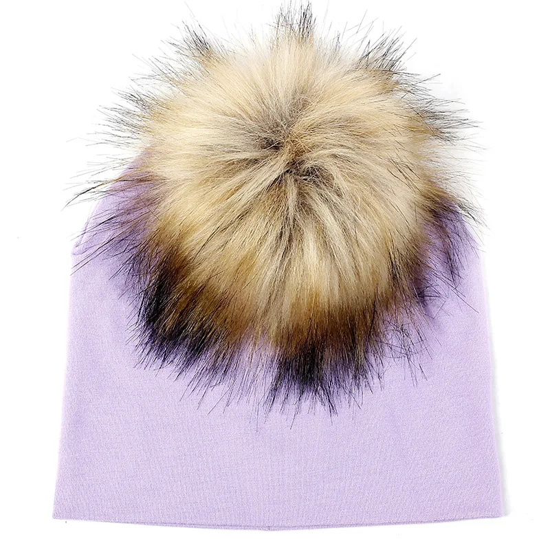 light purple 16 Geebro/хлопковая одноцветная Милая шапочка с помпоном для малышей; теплая мягкая шапка для малышей; милая детская шапка с черепом и помпоном из искусственного меха; сезон осень-зима - Цвет: light purple 16