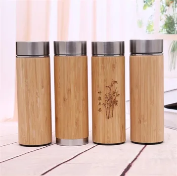 

Bamboo Cup Stainless Steel Water Bottle Vacuum Insulated Coffee Travel Vacuum Cup With Tea Infuser Strainer 450ML Wooden Bottle