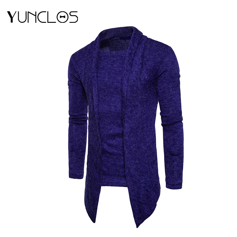 YUNCLOS 2019 Blue Fake 2 Piece Thick Cardigan Sweater Men Slim Fit Jumpers Knitwear Warm Korean Style Casual Sweater Coat Men