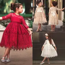 Рождественское кружевное платье, детское кружевное платье с цветочным принтом и бантом для маленьких девочек, платья принцессы для свадебной вечеринки