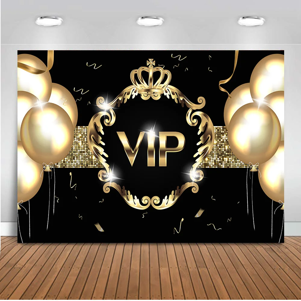 VIP Birthday Backdrop 7x5ft Gold Black Party Decoration Golden Balloon Royal Crown Background Glitter | Электроника