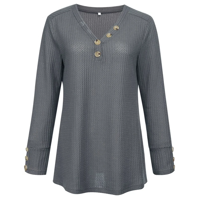 gray Однотонные женские футболки с v-образным вырезом, с длинным рукавом, вафельный вязаный Свободный Топ, одноцветная футболка, Топы, модные Осенние футболки, женская одежда - Цвет: gray