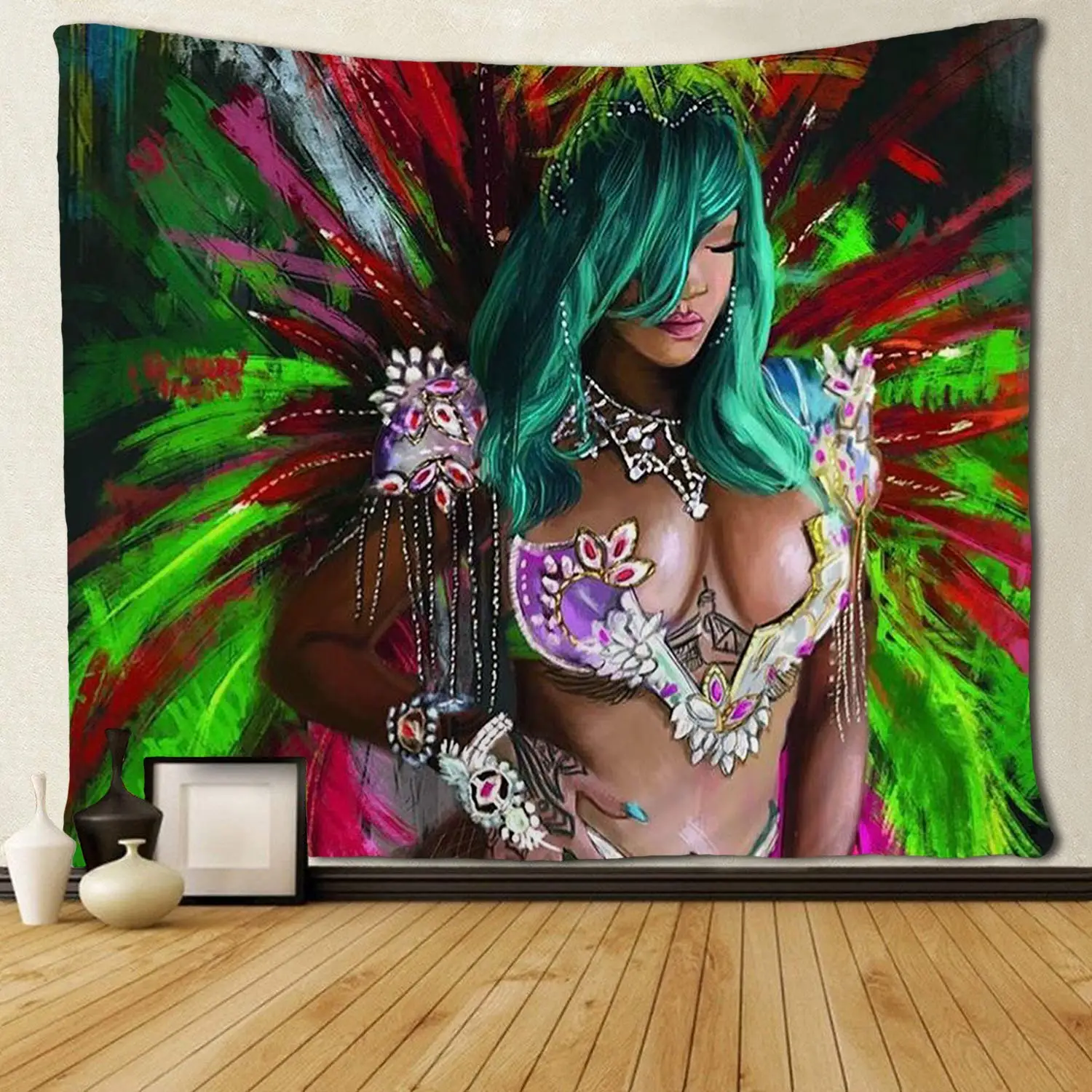 

African American Women Green Hair with Colorful Feather Art Tapestries Hippie Art
