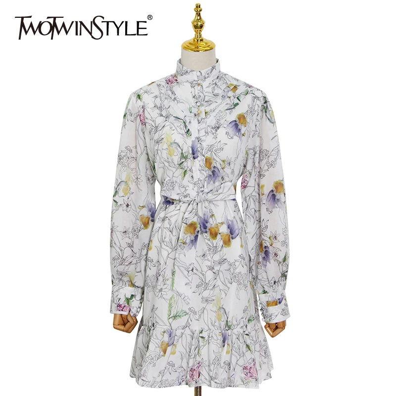 TWOTWINSTYLE Floral Print Boho Style Dress Women Clothing Stand Collar Long Sleeve Gathered Waist Vintage Dresses Female 2022 | Женская