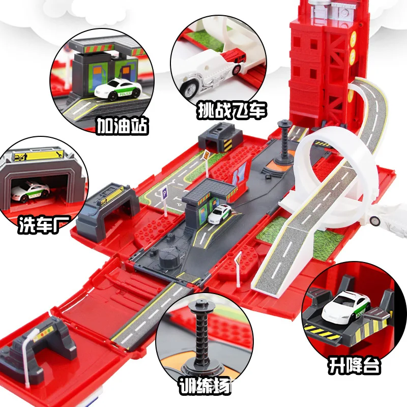 

BKK Car City Transformation Fire Truck Parking Lot Boy DIY Assembling Scene Building Blocks Model with Camera Track Toy