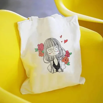 

Cotton Handbag Women Canvas Bags Illustration Heart and Girl Series Casual Tote Bag Daily Use Eco Shopping Bags Travel