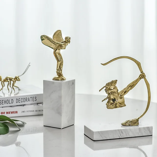  US $139.85 Luxurious Golden Copper Abstract Archery Character Statue Sculpture With White Marble Base Home 