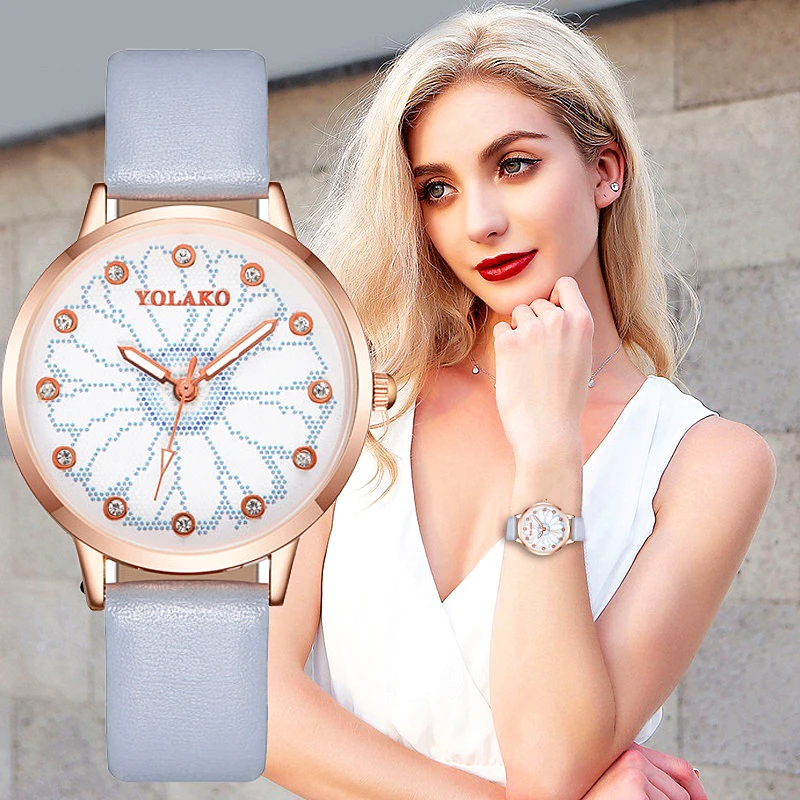 

Women's Charm Watch Leather Candy Color Strap Creative Rhinestone Flower Pattern Dial Female Casual Temperament Clock Relogios