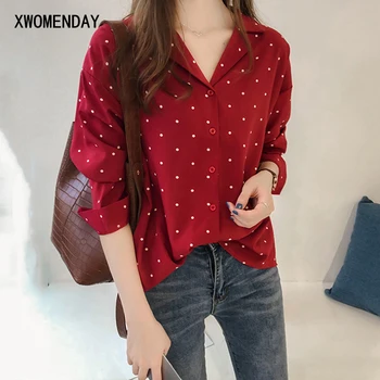 

Chiffon Blouse Plus Size Elegant Women Dots Printed Button Up Ladies Top Shirt Korean Fashion 2020 Black Spring Clothes Cardigan