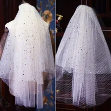 Короткие Свадебные вуали с блестками, Белый Тюль,, два слоя, женские свадебные аксессуары для волос