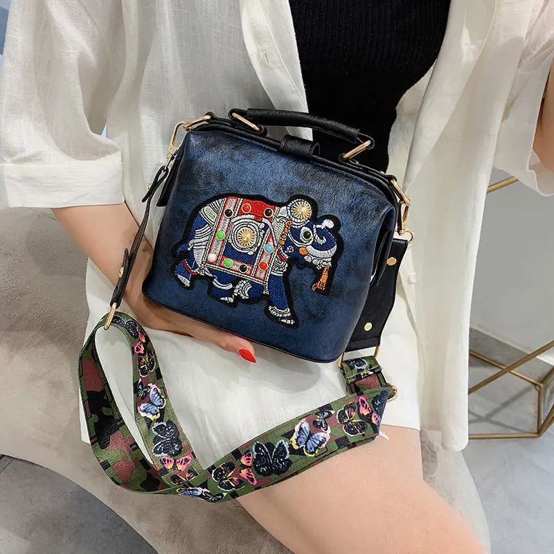 

Vintage Embroidery Elephant Bag Bags Wide Butterfly Strap PU Leather Women Shoulder Crossbody Bag Tote Women's Handbags Purses