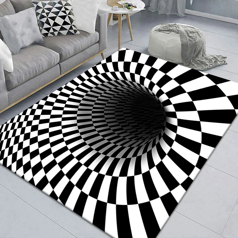 Vortex Illusion Rug 3D Trap Effect Bottomless Hole Carpet Geometric Black  White Grid Bedroom Living Room Anti Slip Floor Mats