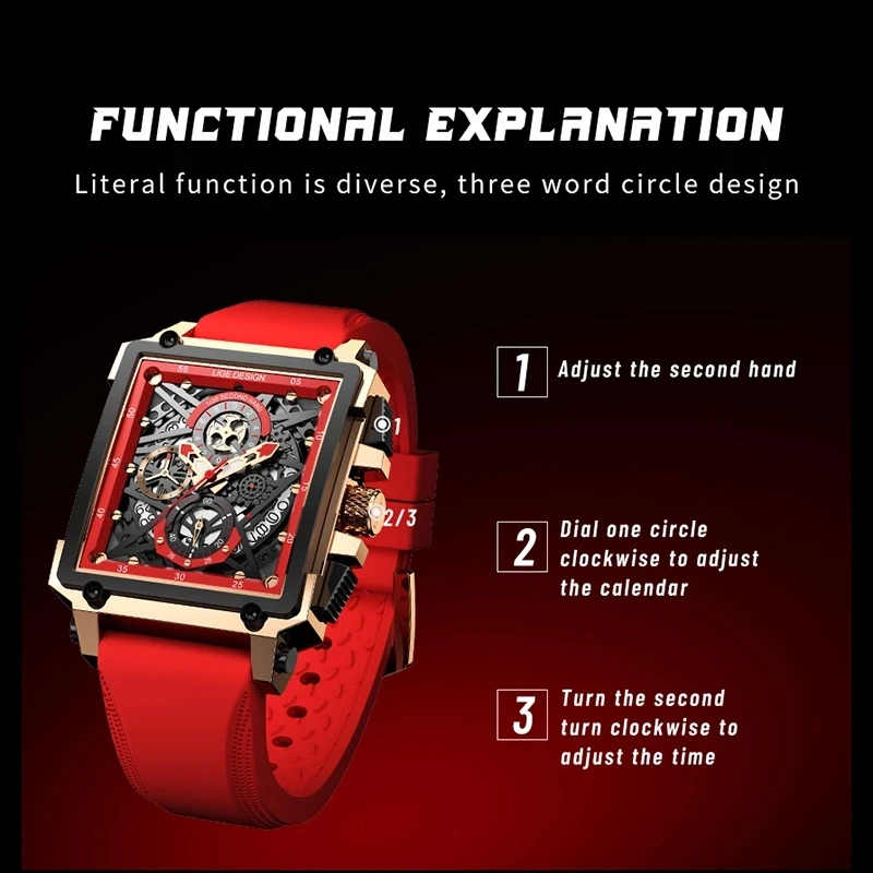 LIGE Top Brand Luxury Mens Watches Square Digital Casual Sport Quartz Wrist Watch for Men Waterproof Stopwatch Relogio Masculino