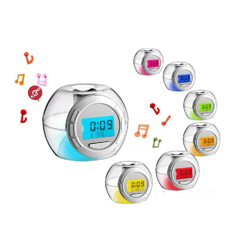 

Digital Electronic Alarm Clock with 6 Natural Sounds 7 Color Changing LED Light Clock Transparent Multifunctional Calendar Clock