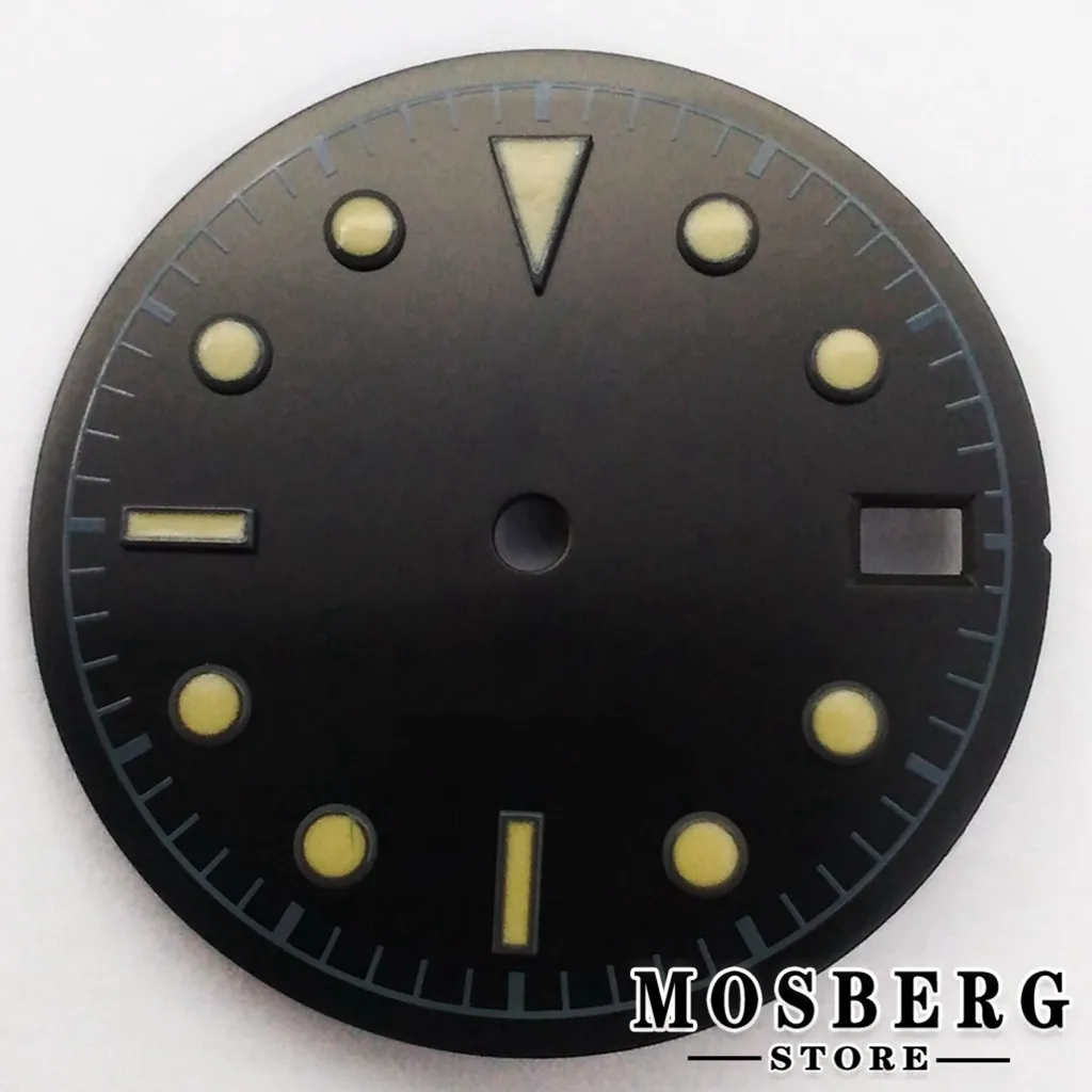 Sterile Luminous Black and Green Watch Dial with Date Window and Hands - 28.5mm