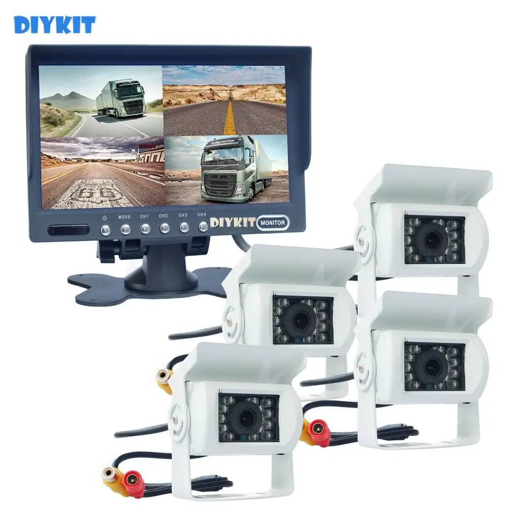 

DIYKIT 7inch 4 Split QUAD Reverse Rear View Car Monitor CCD IR Night Vision Backup Rear View LED Camera Waterproof for Truck Bus