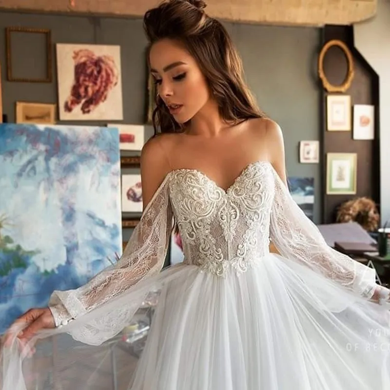 UMK 2020 Bohemia Lace Wedding Dress Beach Long Sleeve Boho Gowns Off the Shoulder robe de mariee | Свадьбы и торжества