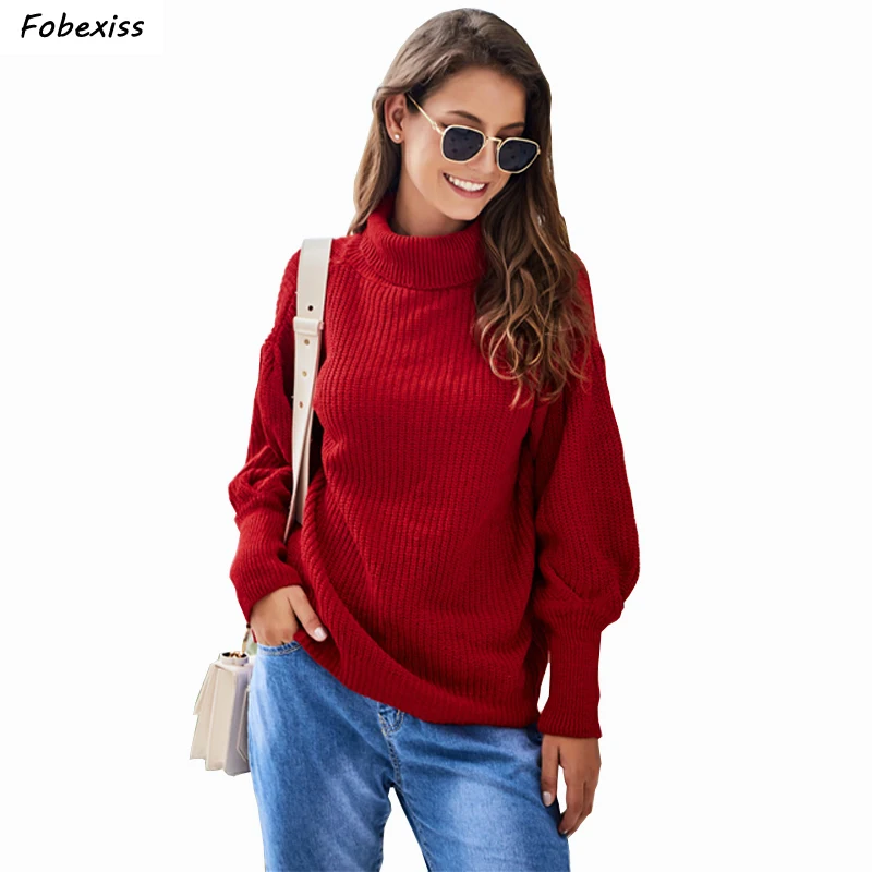 

2019 Fall Pullover Turtleneck Sweater Women Fashion Long Sleeve Red Knitted Sweaters Lady Loose Casual Streetwear Winter Clothes