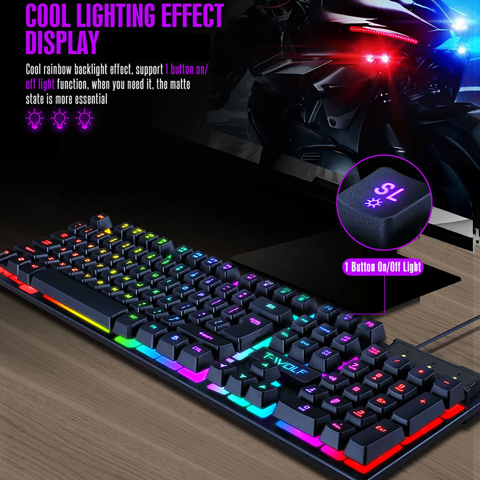 Fashion TF200 Rainbow Backlight Usb Ergonomic Gaming Keyboard and Mouse Set Gaming keyboard Wired Gaming Mouse Kit 104 Keycaps
