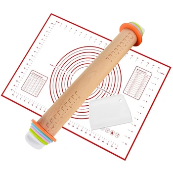 

Adjustable Rolling Pin with 4 Removable Adjustable Thickness Rings and Pastry Mat for Baking Cookie Chapati Fondant