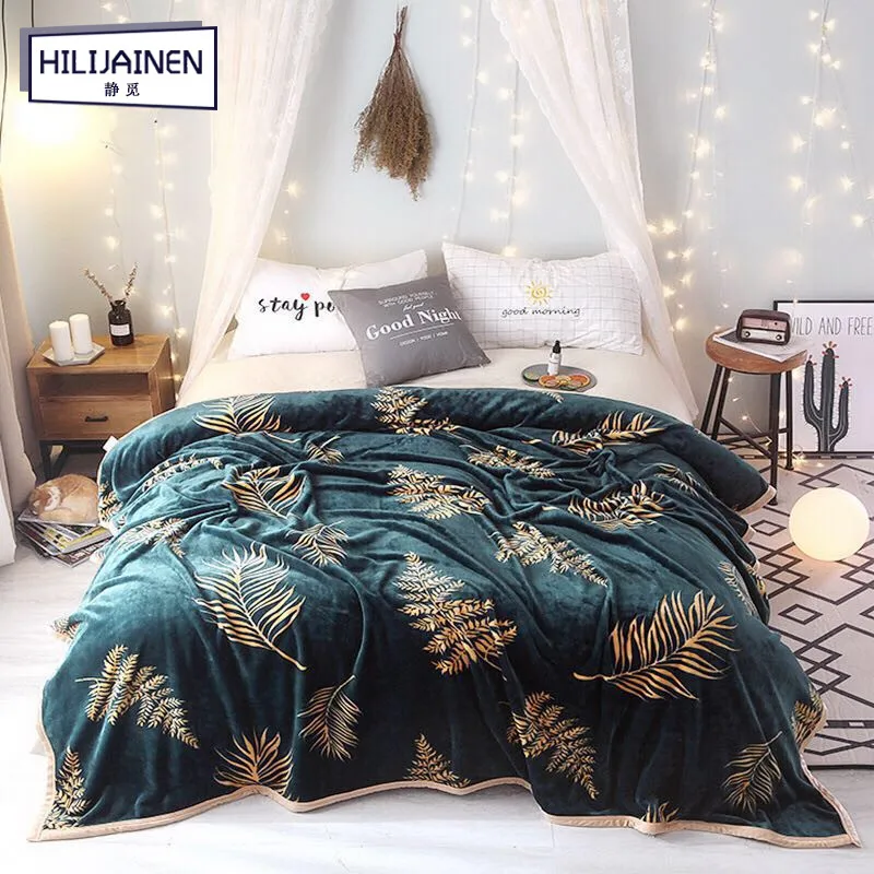 

Deluxe edition golden Eucalyptus leaves blanket home textile protable blanketry fleece super warm soft throw quilts bed cover C