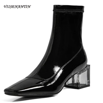 

Fashion Bright Leather New Square Toe Transparent Crystal Thick Mid-heel Elastic Short Boots Korean All-match Shoes for Women