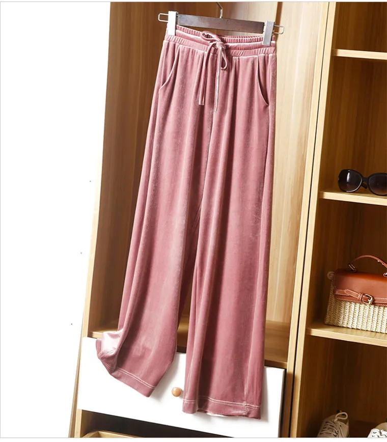 Big size Autumn Women Wide Leg Pants Casual High Elastic Waist Pockets velvet pants Fashion elegant Winter velour Trousers