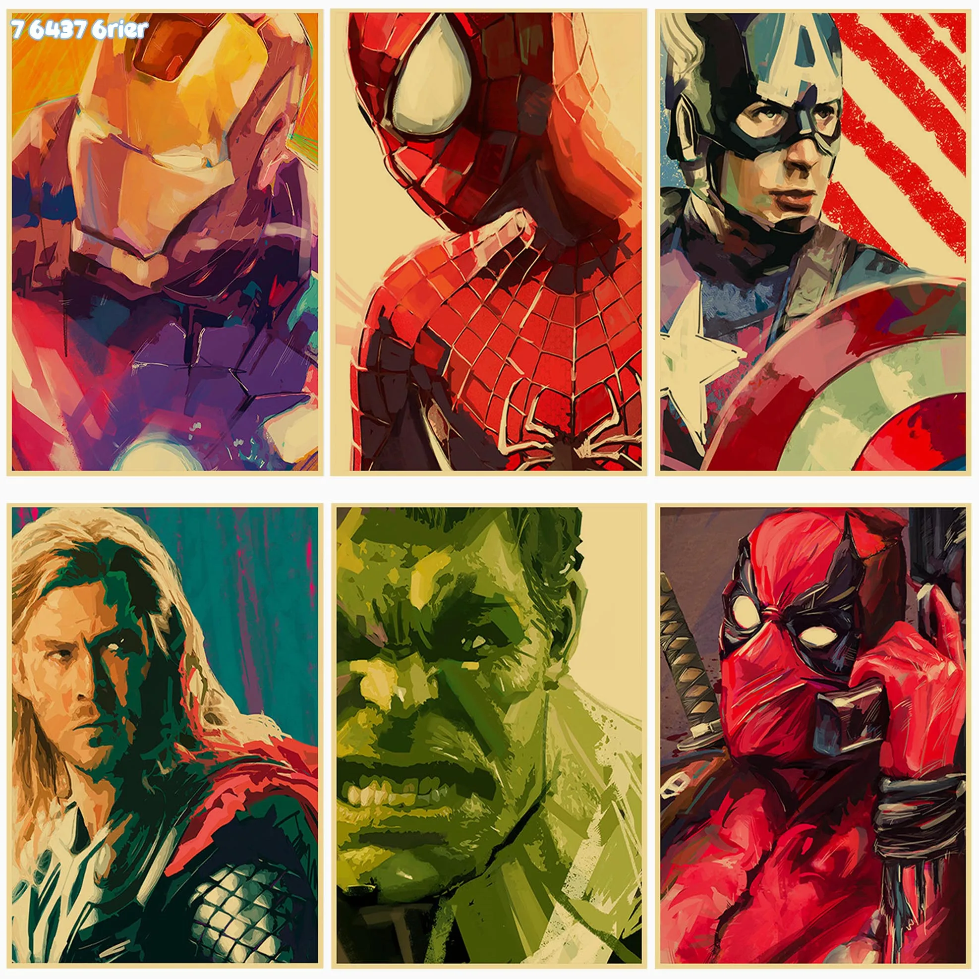 Marvel акварель супергерой Железный человек Человек-паук Халк Тор Дэдпул Ретро