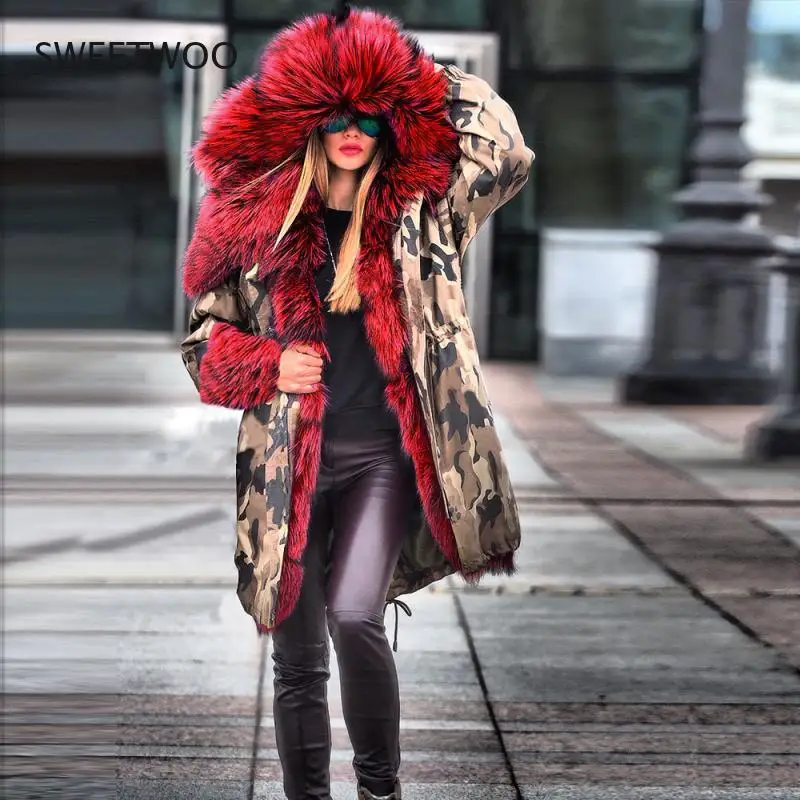 Faux Fur Coats Large Size 2Xl Imitation Mink Fur Long Fox Fur Camouflage Outerwear Fur Coat Winter Luxury Plush Thick Warm Coat