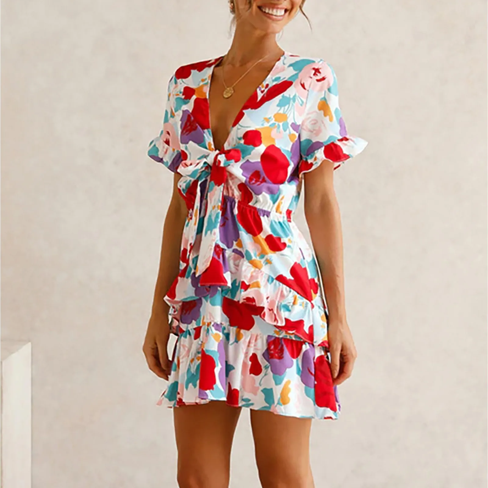 Fashion dresses for women 2021 Sexy V-Neck Bow knot Short-sleeved Print Stitching Ruffle Dress Temperamental Vestido Женский 2