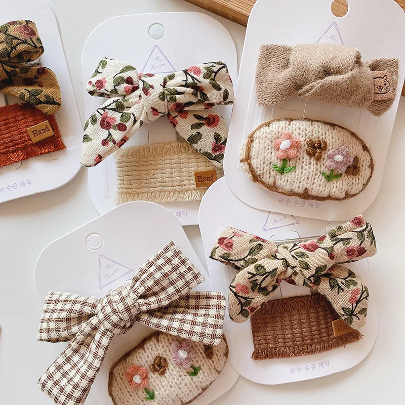 Vintage Baby Girl Hair Clips 2in Handmade Cotton Bows Crochet Woolen Floral Print Kids Hairgrips Cute Children Hair Accessories hair clips hair accessories
