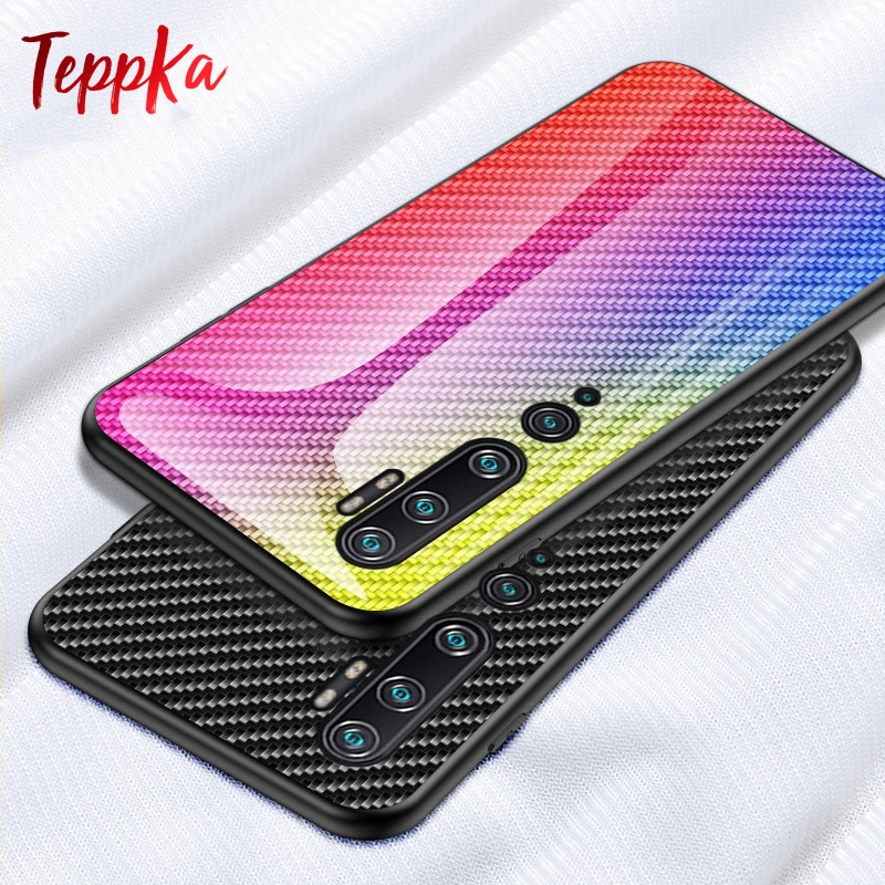 For Xiaomi Mi Note 10 Case Carbon fiber texture Glass Back Cover CC9 Pro |