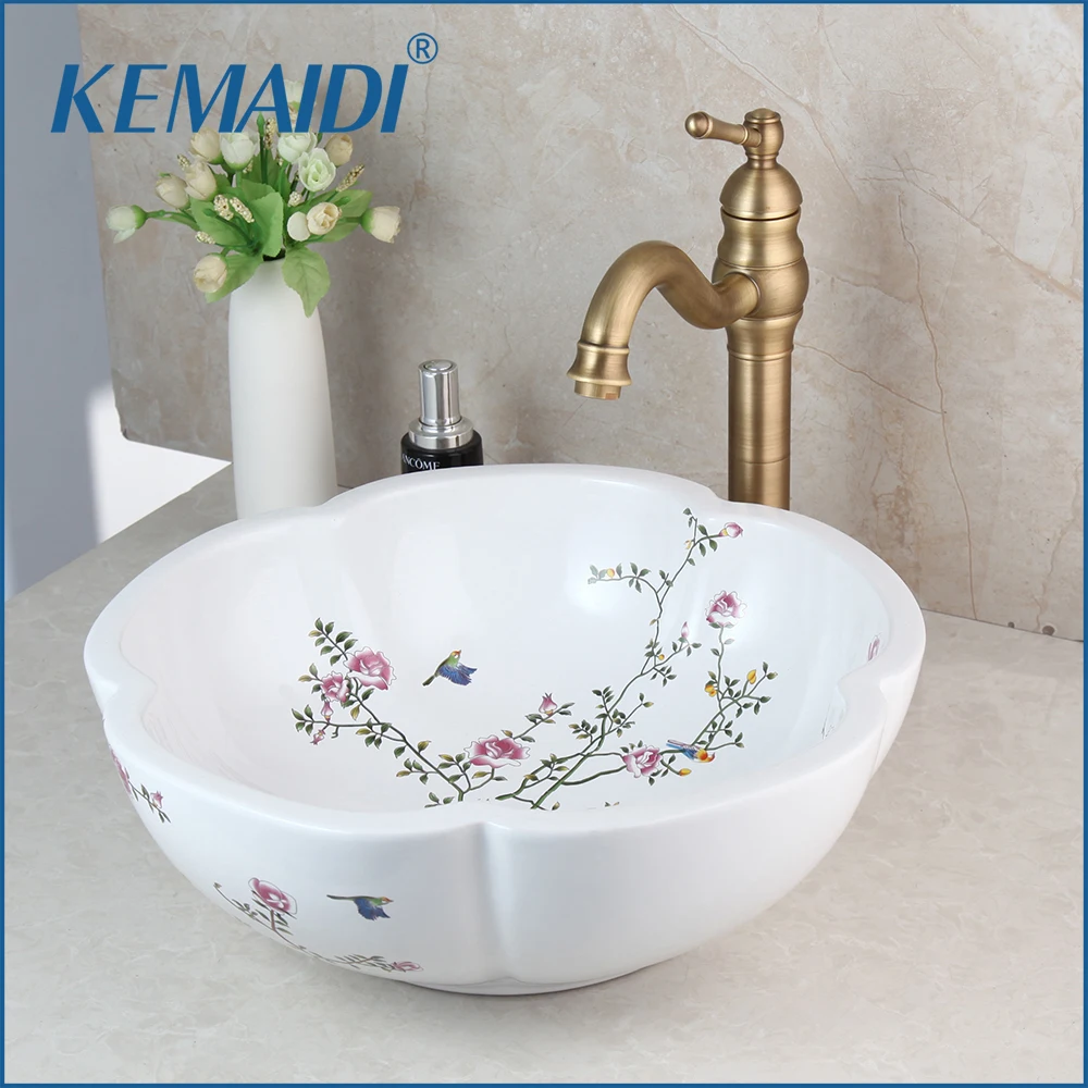 Kemaidi Art Ceramic Basin Flower Bird Washbasin Bathroom Sink Set