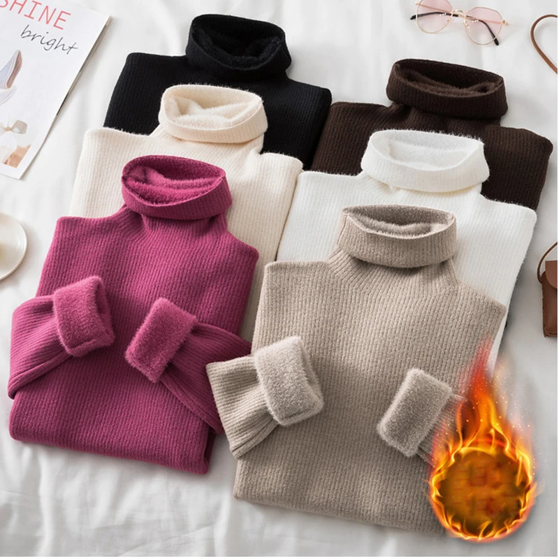 

High-Quality Winter Plus Velvet Turtleneck Sweater Women Warm Slim Long Sleeve Elastic Knitted Pullovers Korean Knitwear Sweater