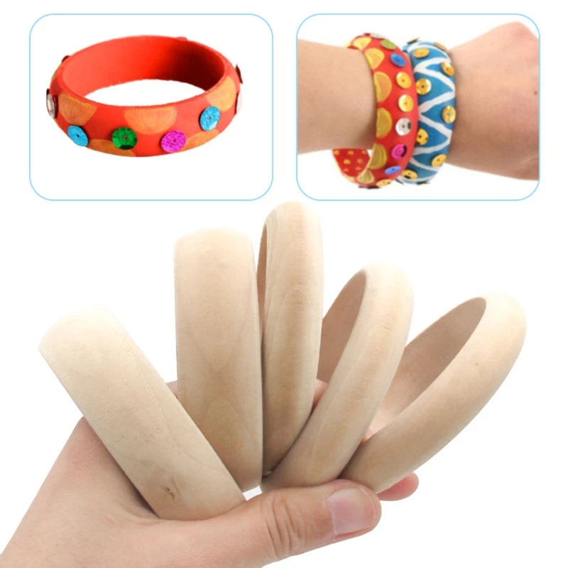 6Pcs Unfinished Blank Wood Bangle Bracelets Natural Round Wood Ring Wooden Circle for DIY Painting Craft Jewelry Making