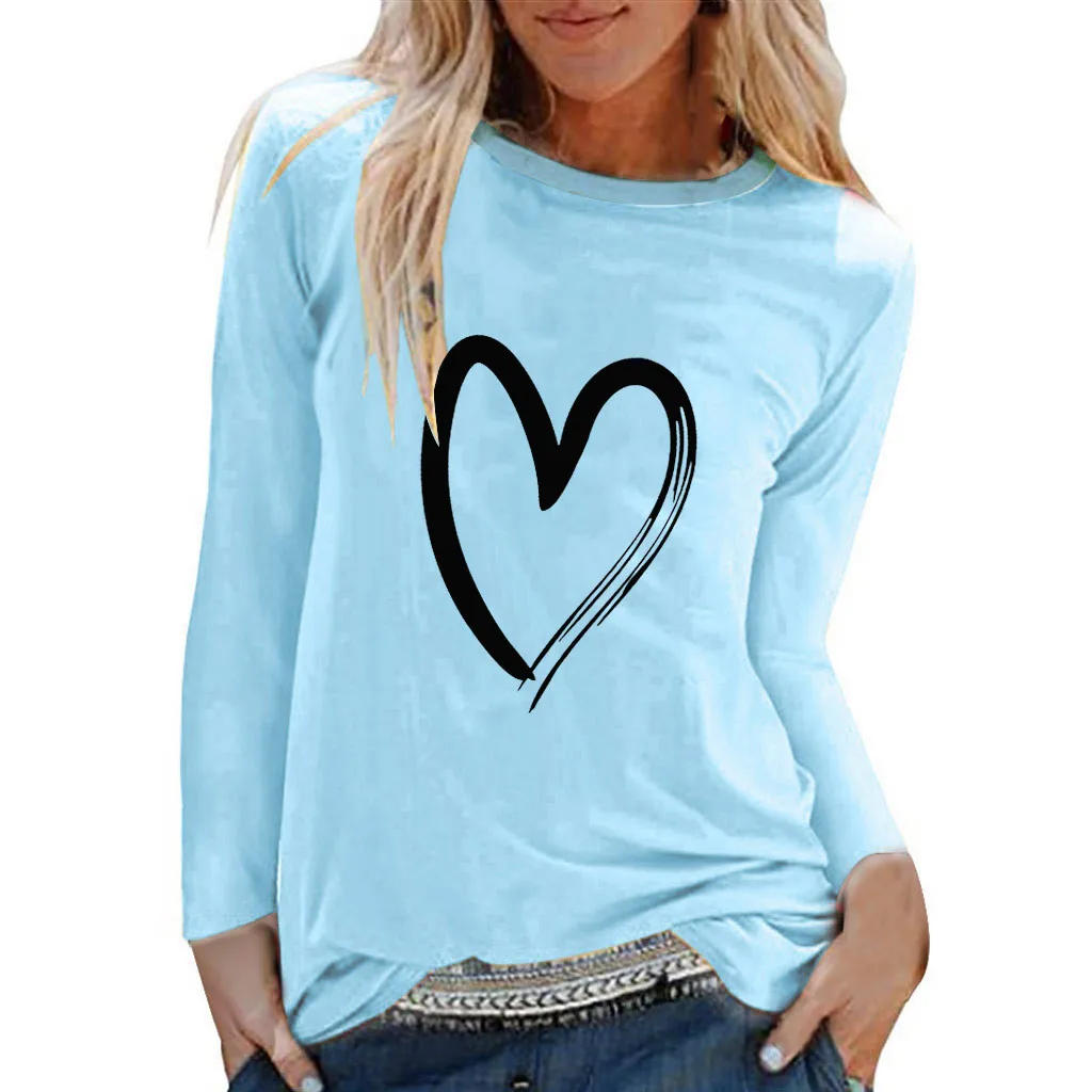 Women Love Heart Print Blouse O Neck Long Sleeve Casual Shirts Female Plus Size Loose Top Blusas Mujer #YJ