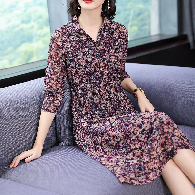 

2019 Autumn New Style Base Belly Covering Slimming over-the-Knee Medium-length Dress Large Size Lady Knitted Floral Printed Dres