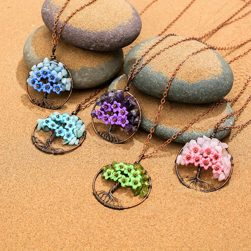 

2019 New Tree of Life Flower Charms Pendant Necklaces for Women Girl Natural Quartz Druzy Stone Pendant Necklaces Accessories