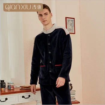 

Male Winter Plus size Pijamas Men Casual Pajama sets Male Warm Flannel Sleepwear suit Men's Turn-up collar Coat & Pants XXL