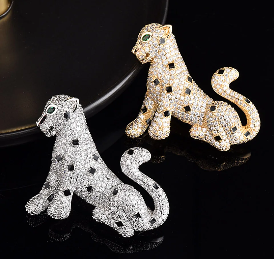 Zlxgirl men jewelry Brand jet enamel pave cubic zircon leopard animal men brooches jewelry copper scarf Corsage Pins men jewelry