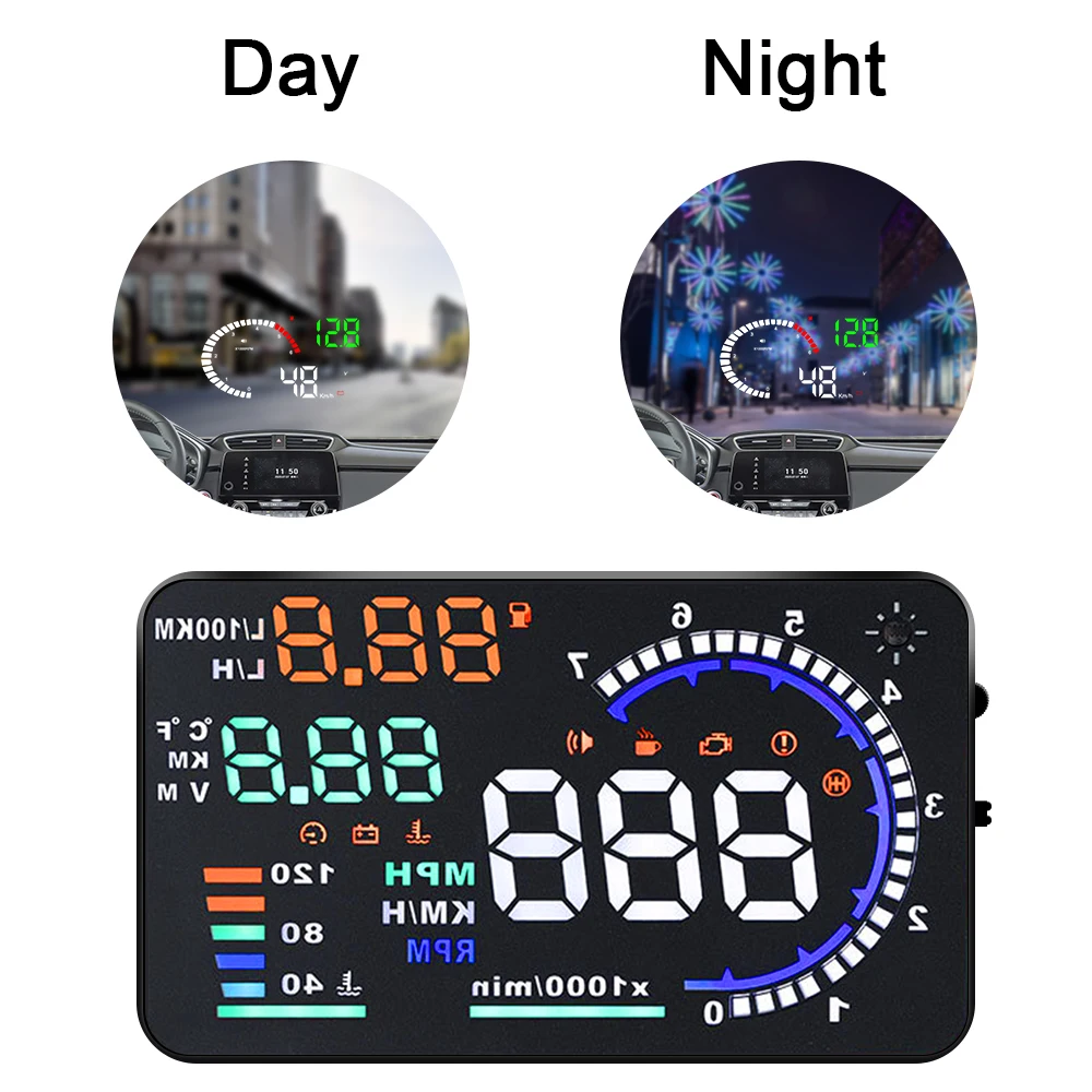 5.5 inches A8 OBD2 Windshield HUD Head Up Display with Display RPM MPH  Speeding Warning Fuel Consumption Temperature