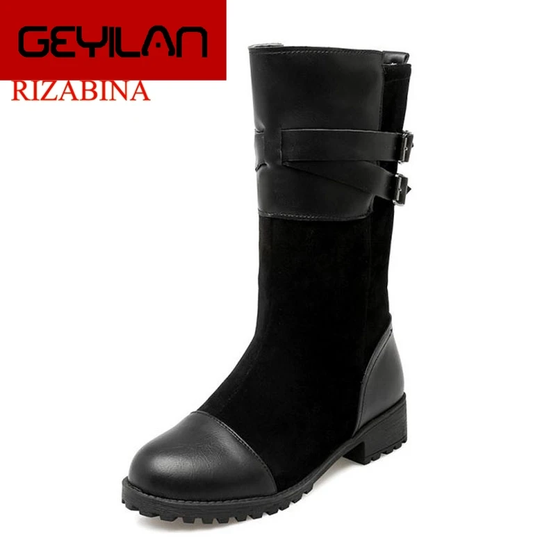 

Fashion Women Patchwork Mid Calf Boots Buckle Round Toe Low Heels Shoes Comfort Walking Women Footwear Size 34-42