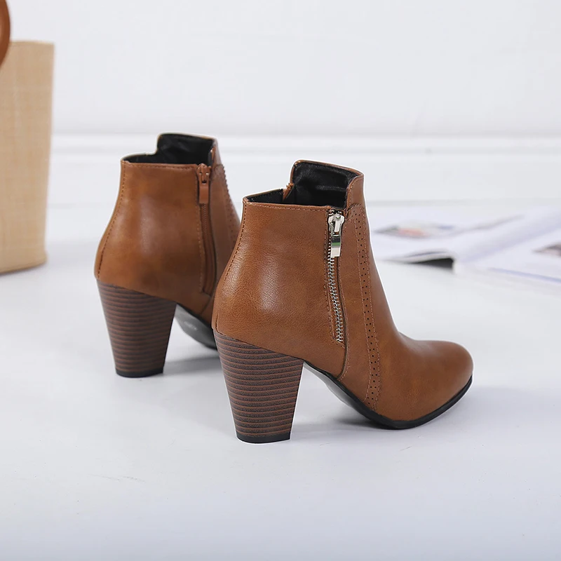 Women Ankle winter snow Boots High Heels Shoes PU leather Fashion Zipper Comfortable Short Botas Casual women shoes mujer