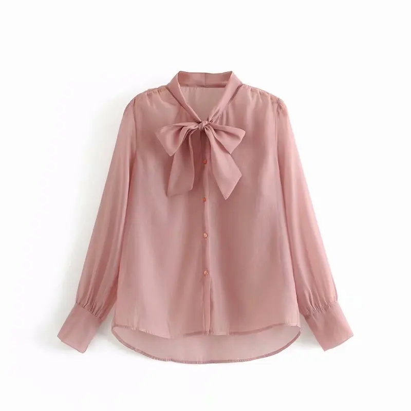 

Stand Collar Bow Tie Pink Organza Women Shirt 2019 Autumn Leisure Lady Long Sleeve Blouse Loose Tops S6187