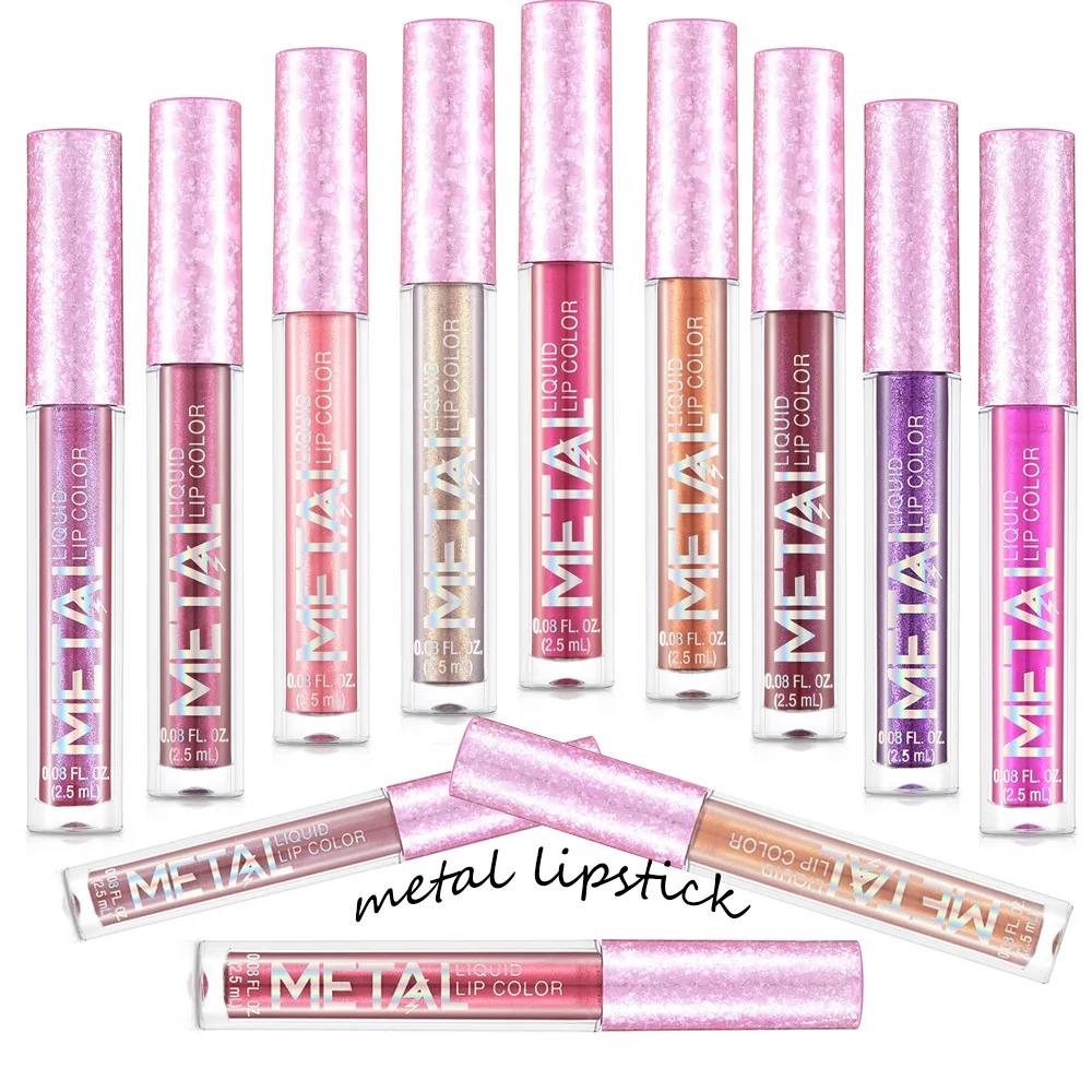 12 Colors Brand Metallic Liquid Lipstick Cool Purple Red Waterproof Party Metal Lip Gloss Lip Cosmetic Makeup Cosmetics TSLM2