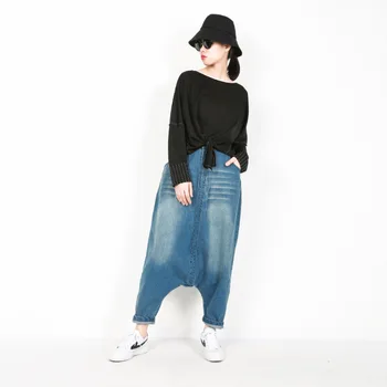 

2020 New Spring Autumn New Style Personality High Waist Blue Denim Wide Leg Pants Fashion Button Harem Jeans Fashion Tide